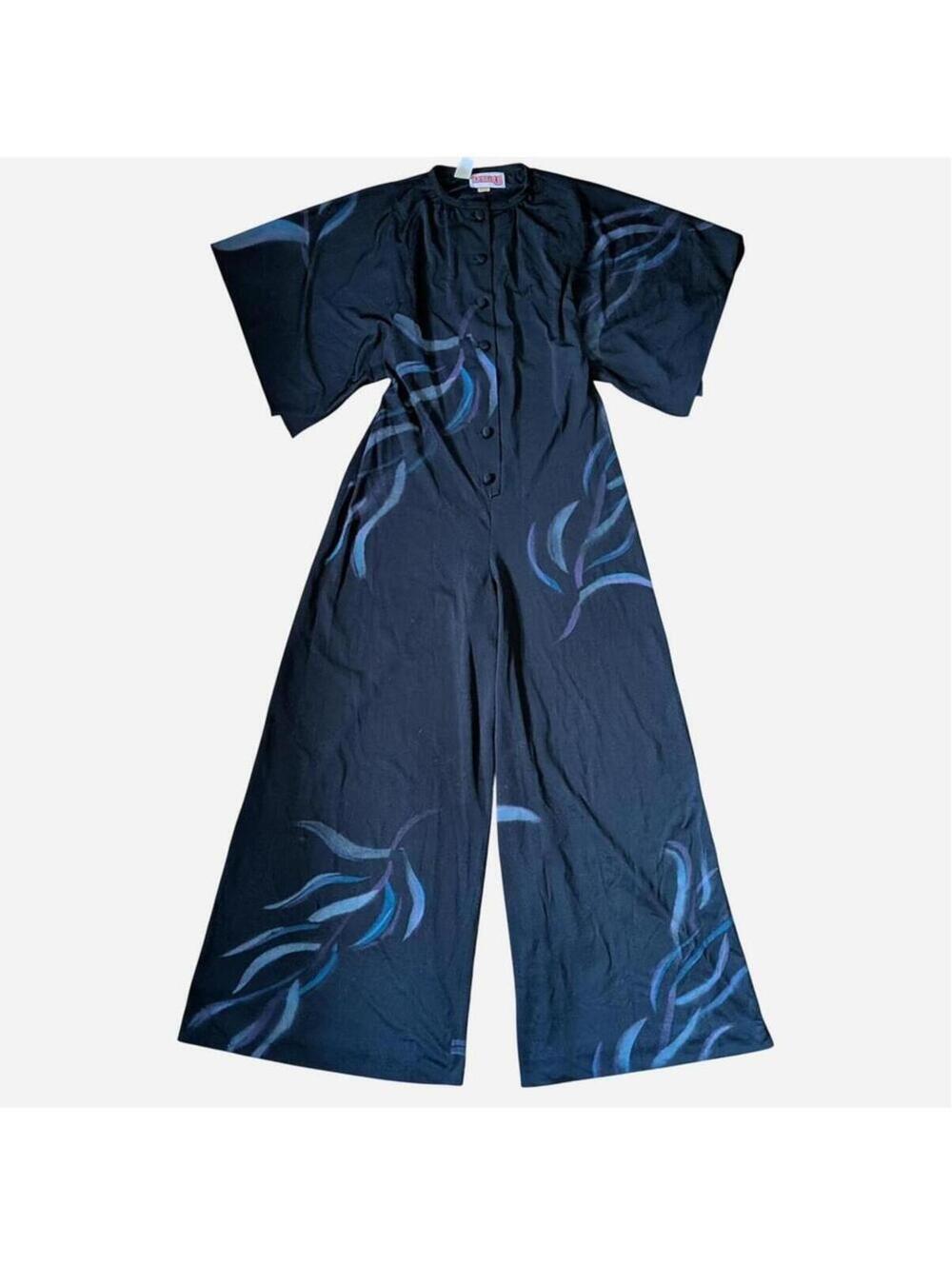 1970s Leslie J Abstract Airbrushed Flame Print Palazzo Jumpsuit Kimono Sleeve
